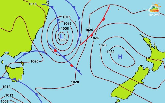 Isobars on a pressure radar map connect points of equal air pressure