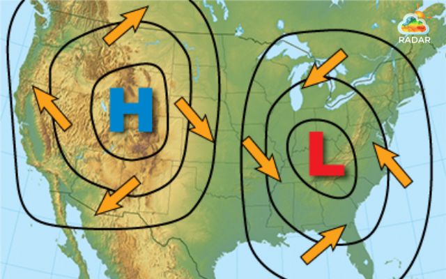 High and low pressure on a pressure radar map