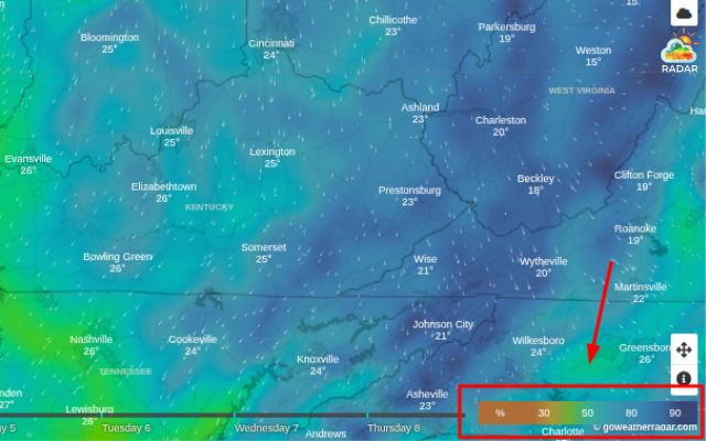 Check the color legend bar to scan the humidity in the area