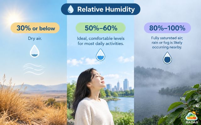 Relative humidity is used to forecast rain, fog, and storms