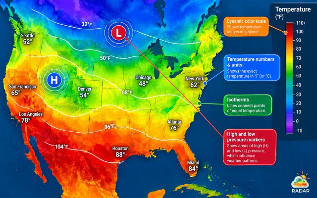 Key features of a temperature radar map