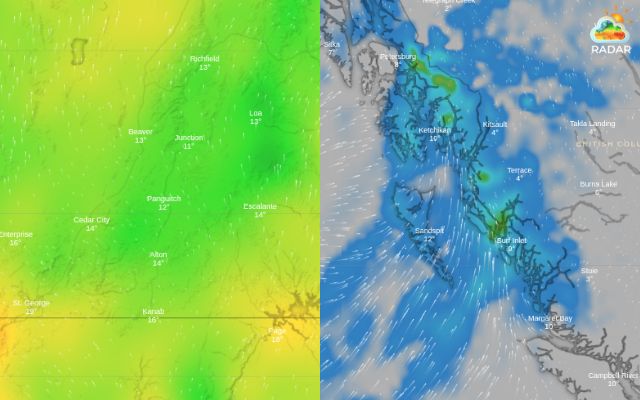 Temperature radar map and rain radar map