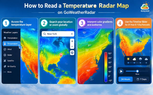 Steps to read a temperature radar map on GoWeatherRadar