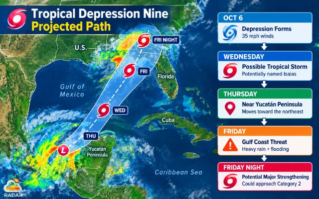 Projected path of Tropical Depression Nine