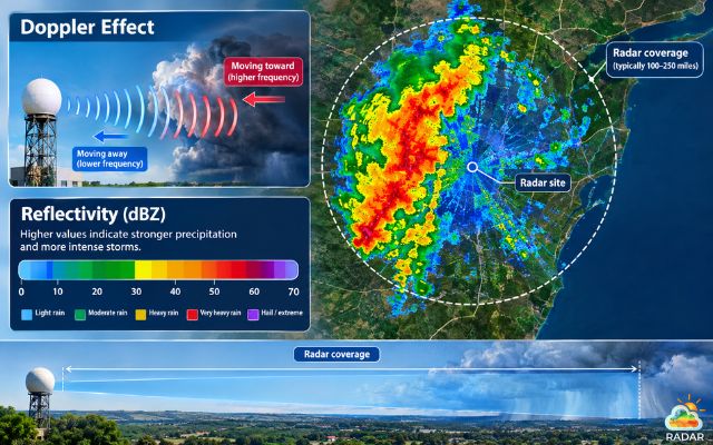 Weather radar combines the Doppler effect, dBZ, and radar coverage