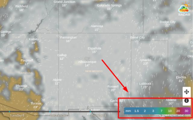 Color legend bar on cloud radar map on GoWeatherRadar