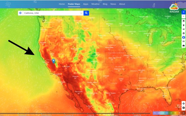 GoWeatherRadar temperature map shows intense heat in California