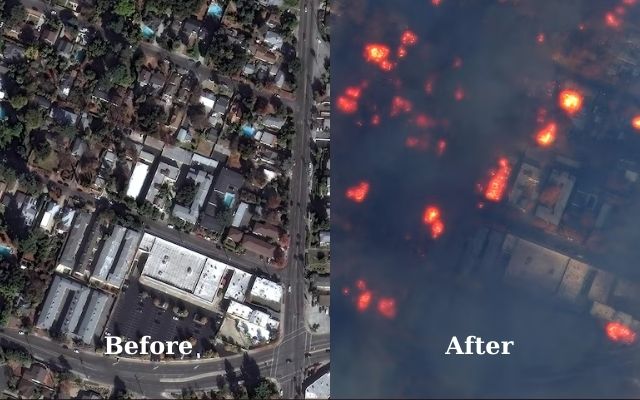 East Altadena Drive and buildings burning