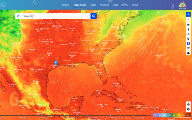 GoWeatherRadar's radar map shows the current temperature distribution across the Southern Plains