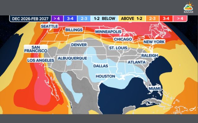 Winter temperature forecast map across the US
