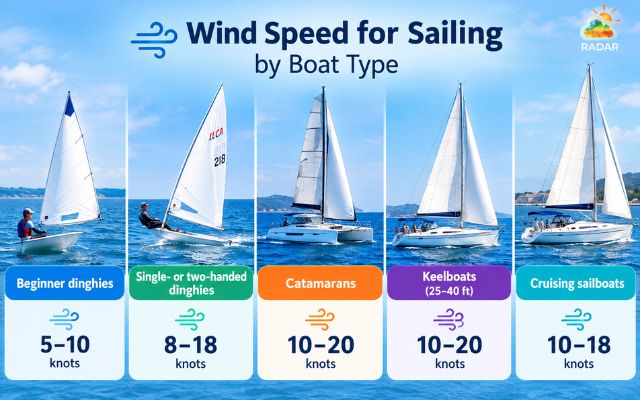 Ideal wind speed for sailing by boat type