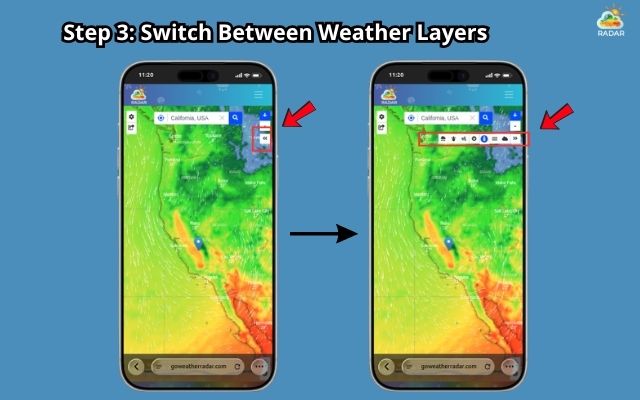 Tap the double-arrow to choose the weather layer