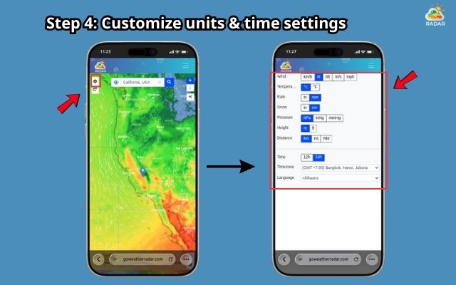 Tap the gear icon to customize the radar map