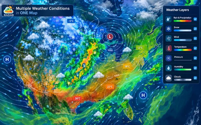 Toggling between rain, wind, temperature, and cloud overlays