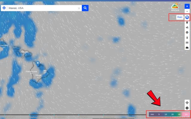Identify precipitation patterns and compare rainfall intensity using the map color legend