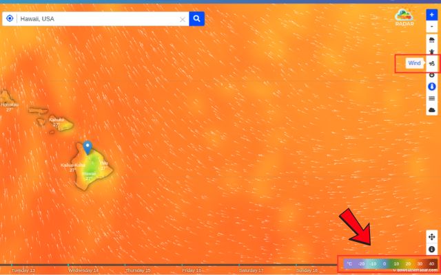 Explore wind speeds by the color legend