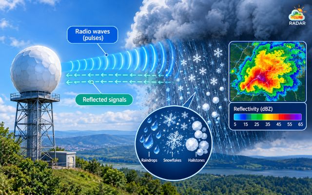 Weather radar measures the energy reflected by raindrops, snowflakes, and hailstones