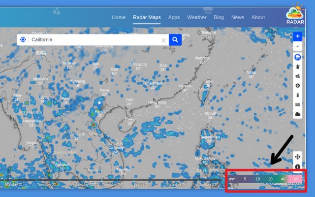 Interpreting rainfall rates using the color-coded legend bar at the bottom of the map