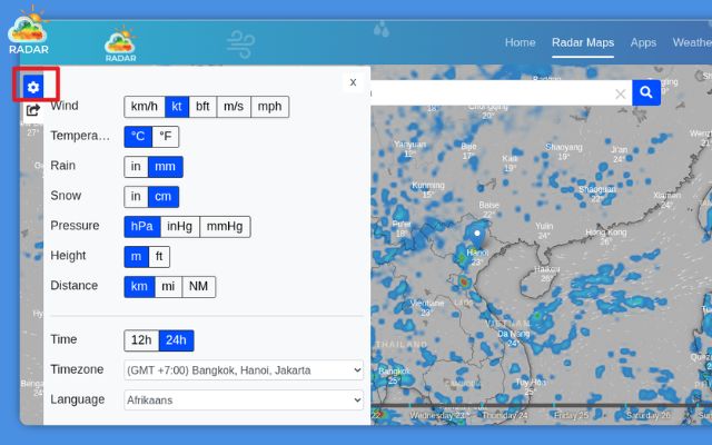 Customizing measurement units and time formats via the settings gear icon