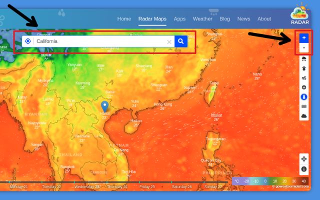 Locating your area on GoWeatherRadar using the top search bar or the auto-locate button