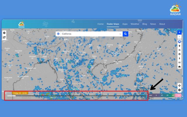 Using the bottom timeline bar on GoWeatherRadar to scrub through future forecasts