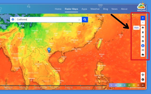 Choosing rain, snow, wind, or cloud layers from the right-hand panel on GoWeatherRadar