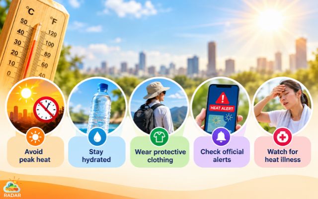 Monitor local temperatures, avoid peak heat, stay hydrated, and follow official weather alerts