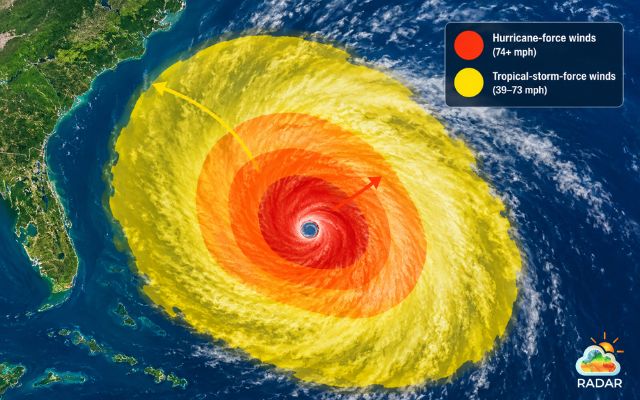 The Wind Radii overlay reveals the real physical size of the storm's wind field