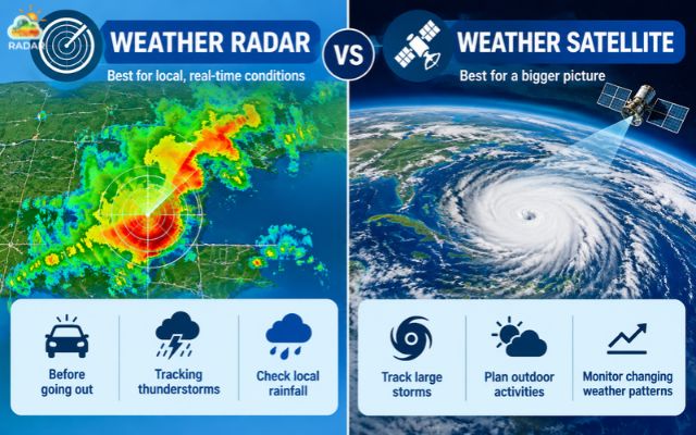 Use radar to track rain and satellites to monitor cloud patterns