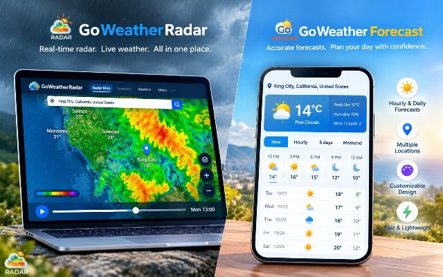 Use GoWeatherRadar to explore weather maps and GoWeatherForecast to check upcoming conditions