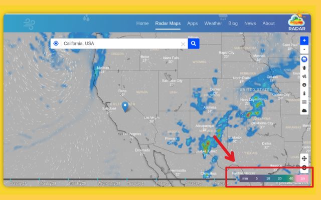 Check the on-screen color key to identify light showers versus heavy thunderstorms nearby