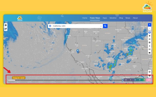 Scrub the slider forward to view short-term nowcasting