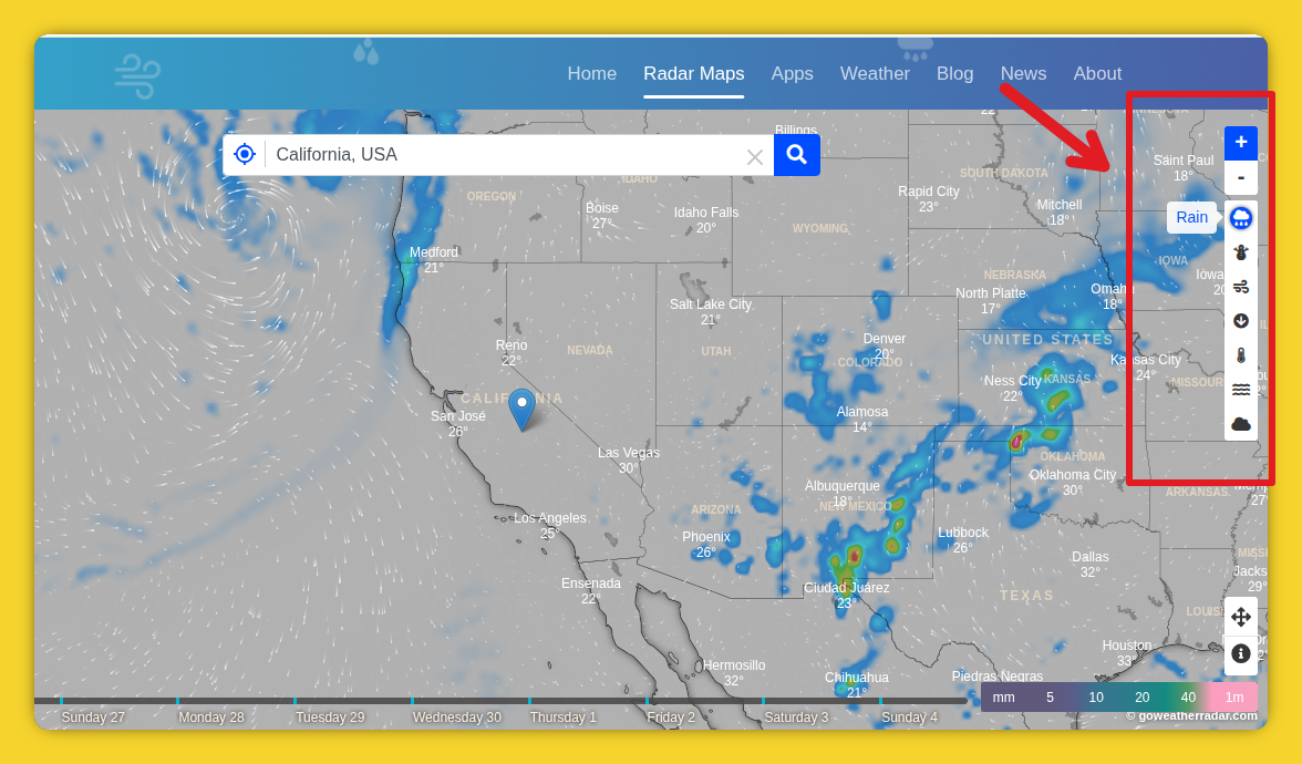 Enable the rain radar layer on GoWeatherRadar to view real-time precipitation tracking